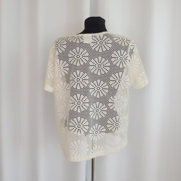 Vintage Cream Crochet Knit Lace Short Sleeve Top Sz M - Picture 6 of 6